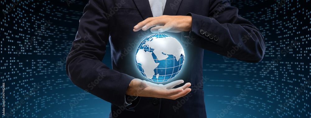 Aufkleber modern technologies and business. collage of businessman protecting globe on background with compute