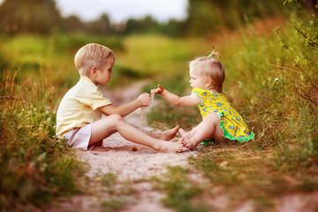 children, brother and sister, walking in the meadow, road, happy child, nature, summer in the village