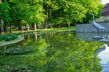 Fototapeta premium A lake with a forest of spring-colored trees reflected in the water 