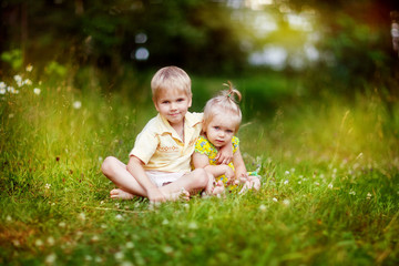 children, brother and sister, walking in the meadow, road, happy child, nature, summer in the village