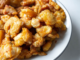 Fried Chicken,Chicken Breast Fry until crunchy, can be an appetizer On a white plate, white background