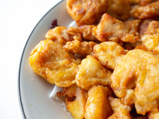Fried Chicken,Chicken Breast Fry until crunchy, can be an appetizer On a white plate, white background