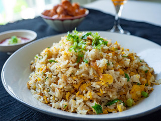Egg Fried Rice Golden yellow
Soft, fragrant rice, sprinkled with spring onion, coriander on a white bowl,With Chicken Sausage
fried,With tomato sauce, cut in sour taste,Orange juice on glass