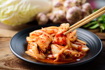 Eating kimchi cabbage by chopsticks, Homemade Korean food