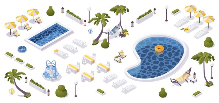 Isometric hotel outdoor design. Tropical palms, pools, sunbeds and hammocks in 3d concept scene
