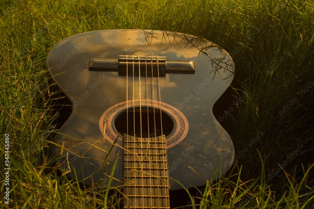 Poster high angle shot of a guitar on the grass - perfect for background