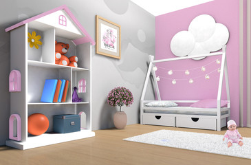 Spacious children's room with a play tent for the girl