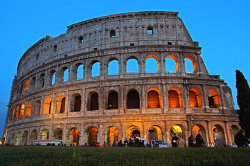 Fototapeta na wymiar Low Angle View Of Illuminated Coliseum During Sunset