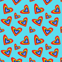 Seamless pattern with rainbow Hearts colored in LGBT flag colors. Gay pride symbol. LGBT community symbol