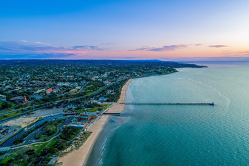 Aerial view of Frankston waterfront and Mornington Peninsula coastline at dusk in Melbourne,...