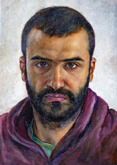 oil painting of a young man with dark beard. - 347447471