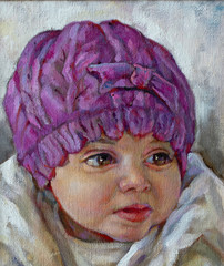 oil painting of a little girl with a hat. - 347447478
