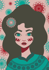 Portrait of girl with sweater in pink-cyan color scheme
