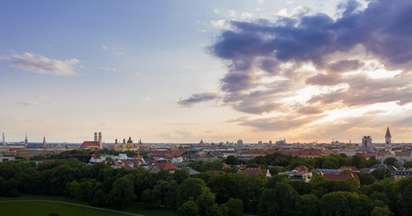 View over Munich during sunset, frauenkirche, panorama