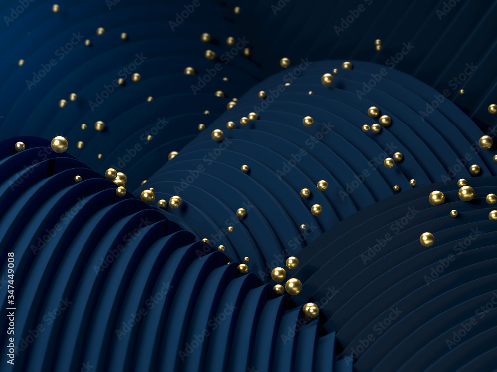 Poster 3d render of golden balls and spheres falling and rolling over blue curved stripes. backdrop with co