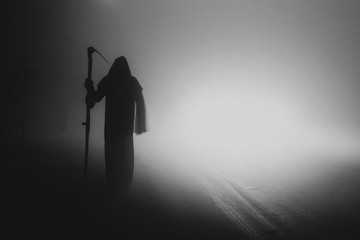 Death grim Reaper skeleton wearing a black robe and wielding a scythe, Memento Mori, Coronavirus,...