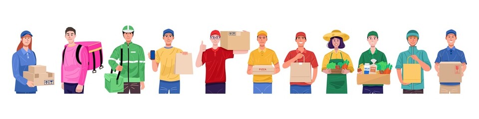 Flat design concept, Set of delivery man in various characters. Vector