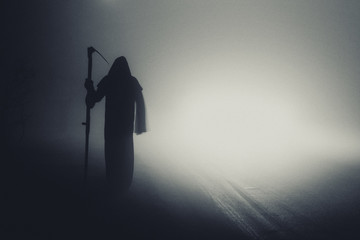 Death grim Reaper skeleton wearing a black robe and wielding a scythe, Memento Mori, Coronavirus,...