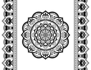 Set of mandala pattern and seamless border for Henna drawing and tattoo. Decoration in ethnic oriental mehndi, Indian style. Doodle ornament in black and white. Hand draw vector illustration.