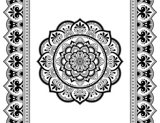 Set of mandala pattern and seamless border for Henna drawing and tattoo. Decoration in ethnic oriental mehndi, Indian style. Doodle ornament in black and white. Hand draw vector illustration.