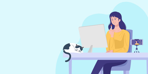 Work from home concept, Beauty blogger presenting cosmetic product at home. Vector