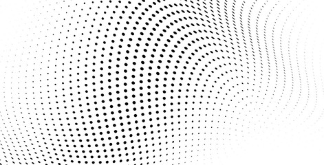 Black and white halftone. Monochrome texture of dots. Waves from points abstract background