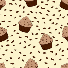 Tasty chocolate cupcakes isolated on yellow backgroud. Sweet dessert seamless pattern. Vector illustration