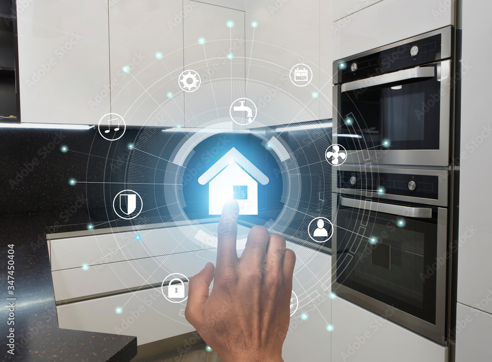 Aufkleber smart technologies. millennial guy using modern home control system in kitchen, collage with icons o