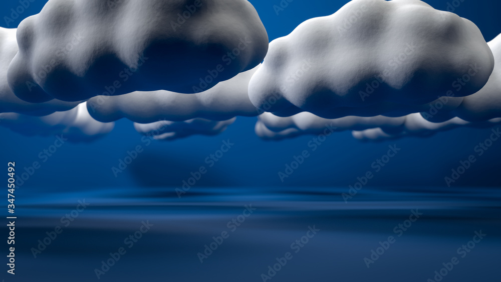 Poster 3d render of white and gray clouds floating in empty blue studio. beautiful abstract background. bac