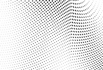 Black and white halftone. Monochrome texture of dots. Waves from points abstract background