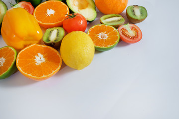 Banner from various vegetables and fruits isolated on white background, top view, creative flat layout. Concept of healthy eating, food background. Frame of vegetables with space for text.