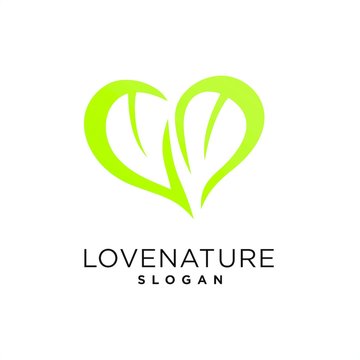 Green logo icon with heart shape and two leaves. Can be used for eco, vegan, herbal healthcare or nature