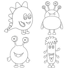 Set of cute illustrations of the monsters for the coloring page or a book. Black outlines isolated on white. Vector drawing.
