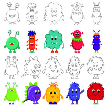 Set of cute monsters illustrations for coloring page or book. Black outline and color elements isolated on white. Vector drawing.