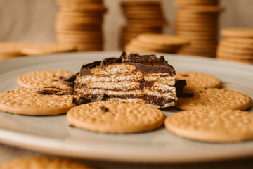 Close up view of delicious biscuit and chocolate cake. Homemade cake on biscuit background.	