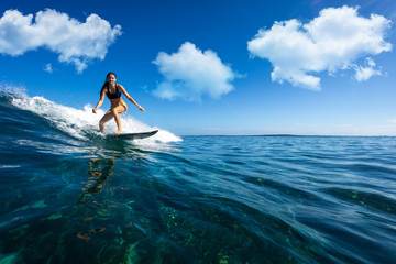 young beautiful girl surf on the big waves in the open ocean. Mauritius Island