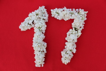 The number 17 is written in white lilac flowers on a red background. The number seventeen is written in fresh flowers, isolated on red. Arabic numeral lined with flowers.