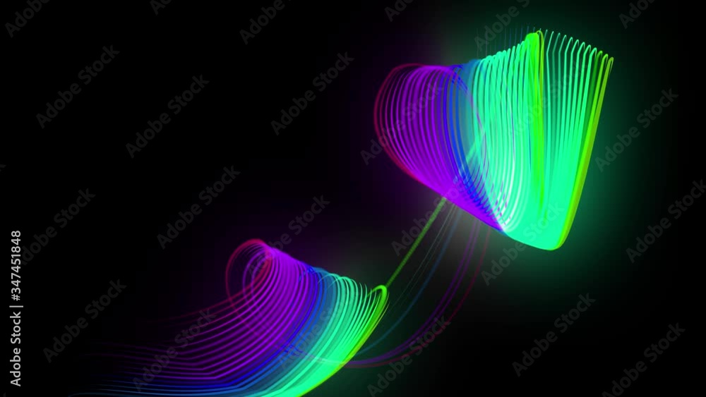 Poster multi-colored neon lines of ribbon fly in the air, smoothly oscillation and wave. lines color change