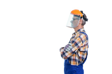 Portrait of old architect man with crosse hands in special mask isolated on white background with...