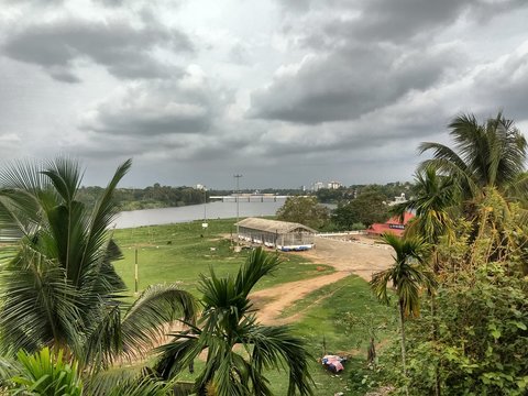 Periyar view at Aluva manappuram.
Long view of a Train moving over bridge