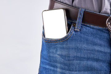 male person with a phone  at front jeans pocket. empty display mockup.