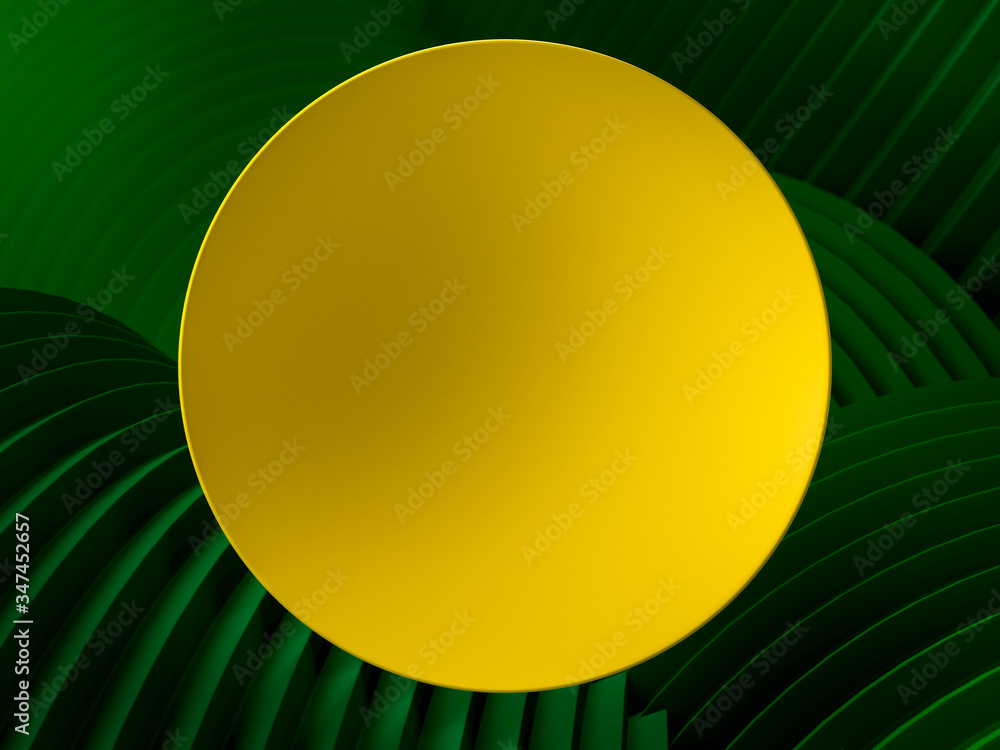 Poster bright yellow round frame or banner over green wavy background. place your text or advertisemnt on c