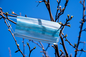 blue medical mask for individually protecting against the virus weighs on a tree branch....
