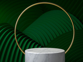 Marble round stage, podium or pedestal with golden ring over green wavy background. Background or mockup for cosmetics or fashion. Use for product identity, branding and presenting. Place your object