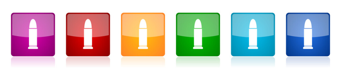 Ammunition icon set, colorful square glossy vector illustrations in 6 options for web design and mobile applications
