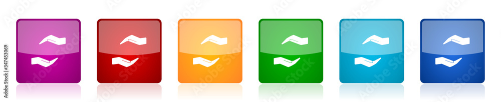 Aufkleber human care hand icon set, colorful square glossy vector illustrations in 6 options for web design an