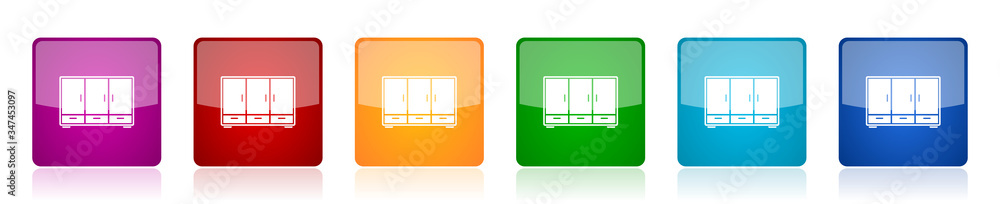 Poster wardrobe icon set, room, design, interior, furniture colorful square glossy vector illustrations in 