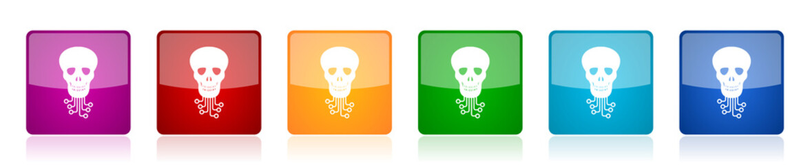 Hack icon set, virus, circuit, skull, hacker colorful square glossy vector illustrations in 6 options for web design and mobile applications