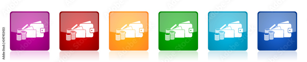 Aufkleber wallet, money and credit cards icon set, business colorful square glossy vector illustrations in 6 o
