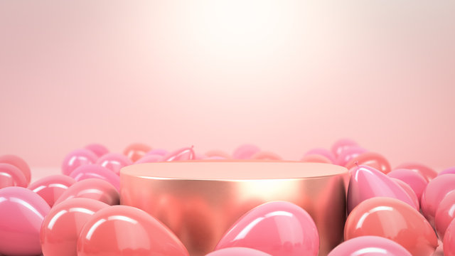 Golden round stage, podium or pedestal in pink studio filled with pink party air balloons. Perfect background or mockup for celebrations, party, greetings and invitations. 3d render. Place your object